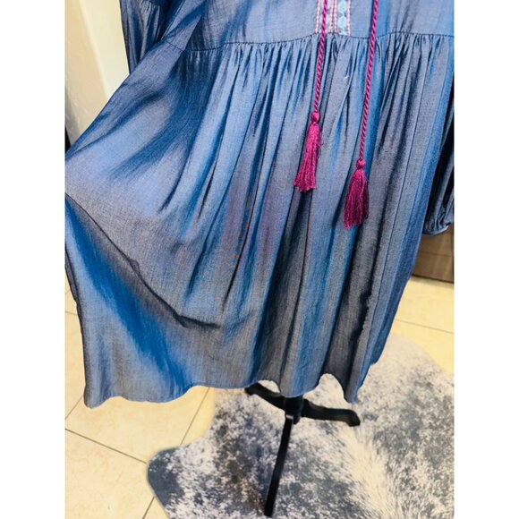 Umgee Babydoll S Blue Tencel Embroidered Boho Peasant Dress Balloon Slv Cottage - Picture 10 of 11